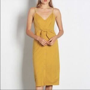 MOD REF Midi Dress Mustard Yellow V-Neck Cutout Tie Button Up Sleeveless Sz S